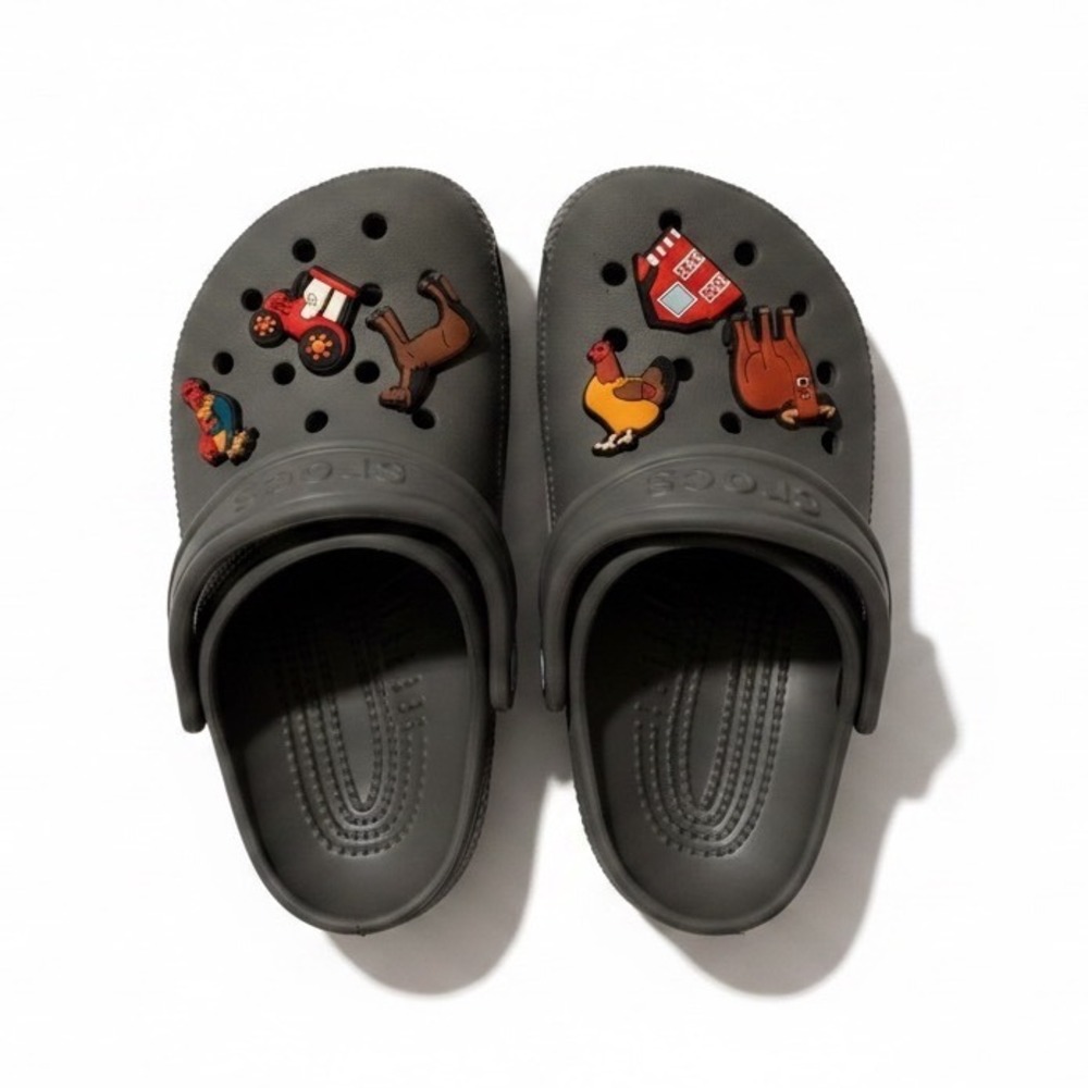 Crocs Kids Classic Clog Charcoal Grey Farm Jibbitz Charms Size J2 Junior 2